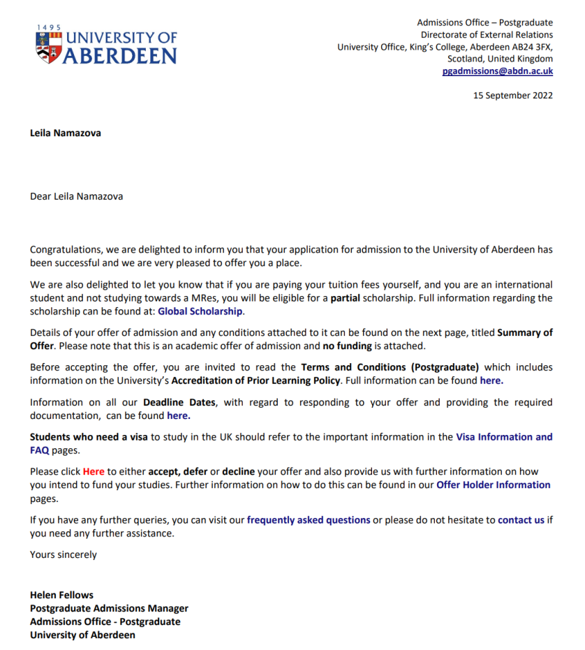 Offer Лейлы от University of Aberdeen изображение 1