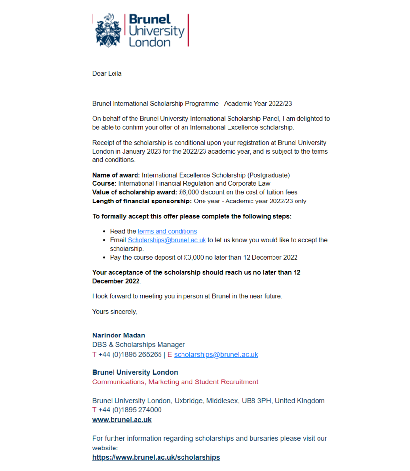 6000£ Scholarship (Стипендия) Лейлы от Brunel University, London изображение 1