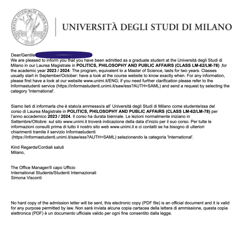 Поступление Александра в Университет Милана (Unimi) изображение 1