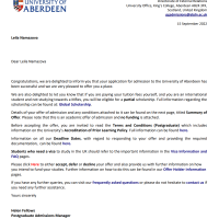 Offer Лейлы от University of Aberdeen